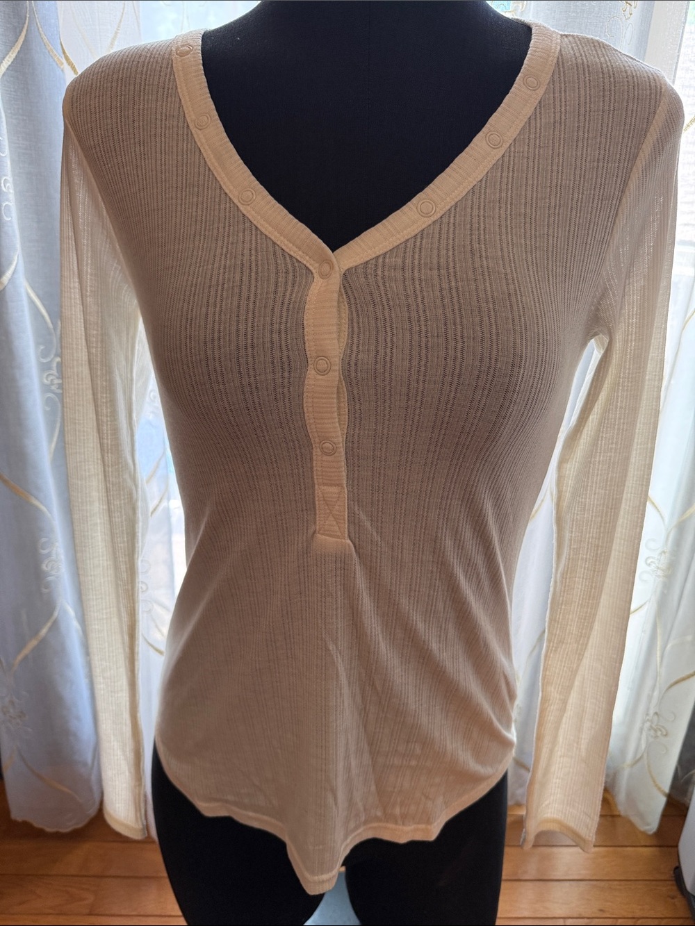 free press Cream Ribbed Long-Sleeve Henley Top